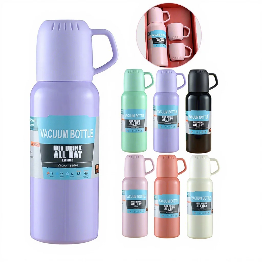 New Style Stainless Steel Tea Bottle 2 Cup Sets Two Cups Vacuum Flask Set With Gift Box Water Bottle With Handle Lid