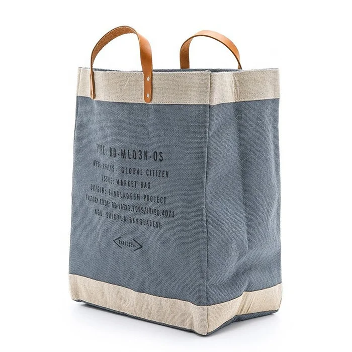 

Wholesale Customized Logo Reusable Waterproof Leather Handle Market Bag Portable Market Bags Burlap Foldable Jute Shopping Bag, Gray