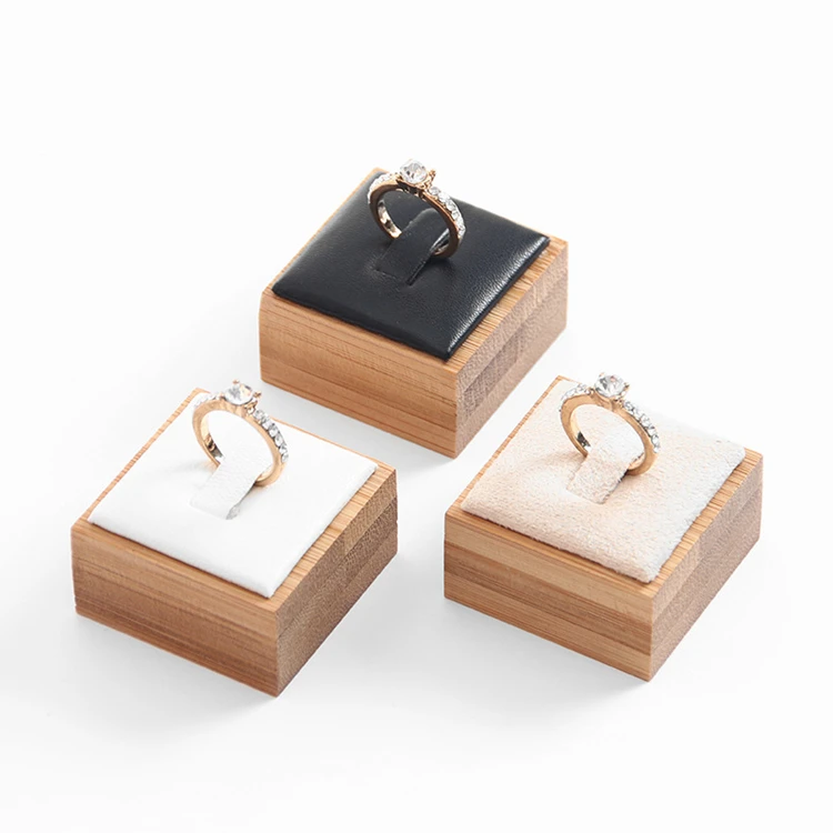 

Luxury Bamboo Wood Jewelry Ring Velvet Displays Black Pu Square Base Clip Holder Pop Stand, Black gary whie beige