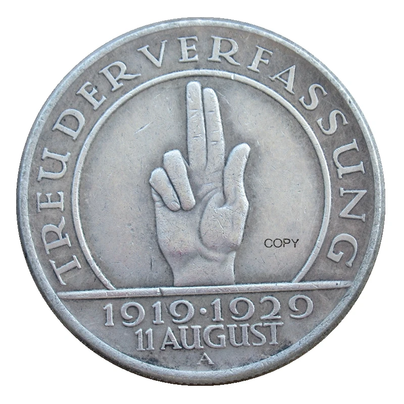 

Reproduction German 5 Reichsmark Weimar Constitution 1929 A/E/G Silver Plated Antique Souvenir Custom Metal Coins