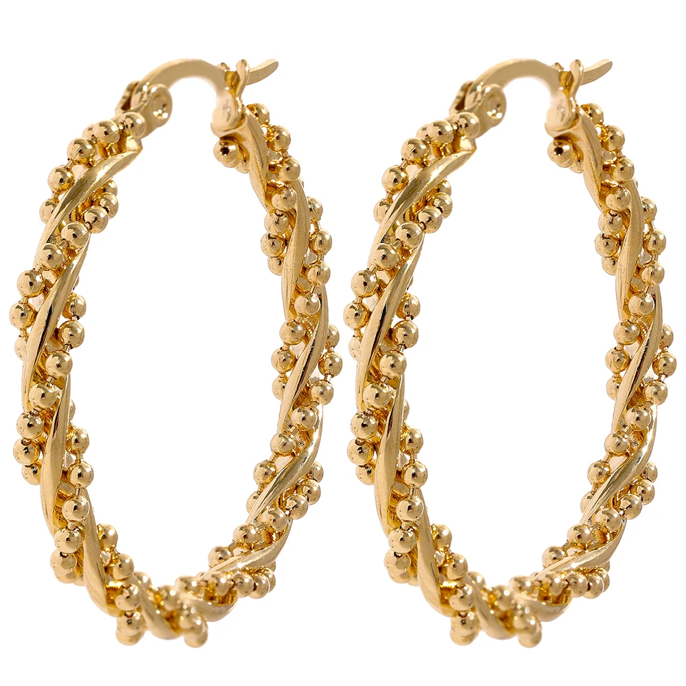 

JINYOU 1175 Metal 35mm Twisted Bead Round Stainless Steel 14K Gold Color Hoop Earrings for Women Statement Trendy Korean Jewelry
