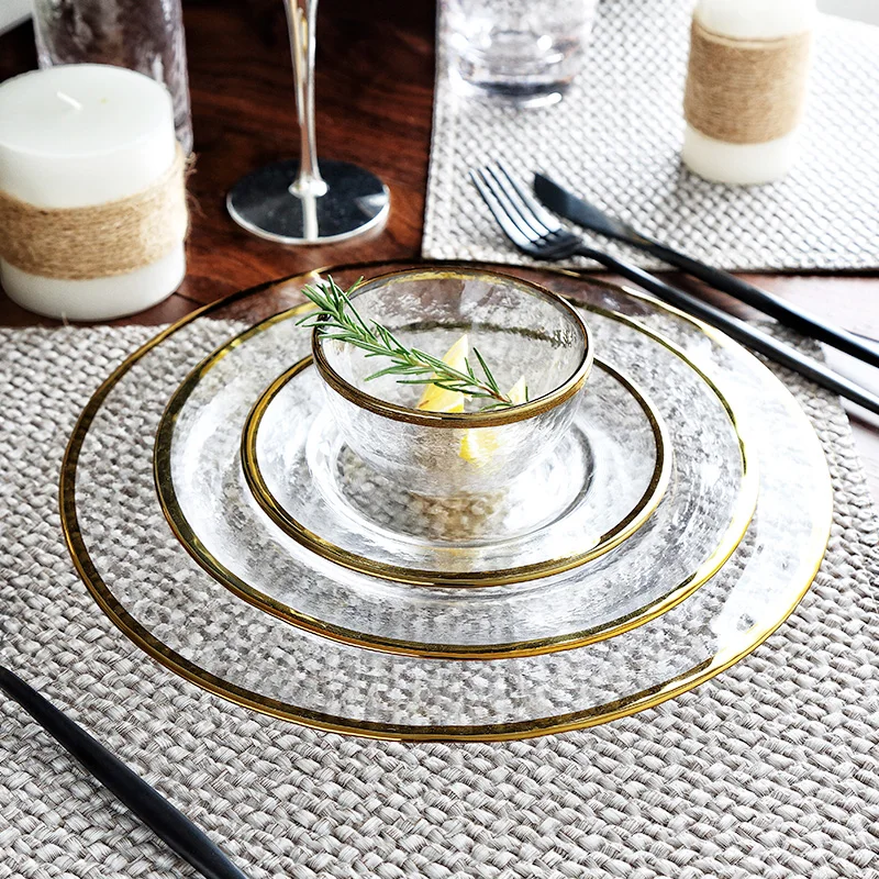 

Luxury Gold Inlay Glass Dinner Plate Salad Bowl Serving Plate Cake Plate Glass Snack Dish Dessert Dish, Transparent