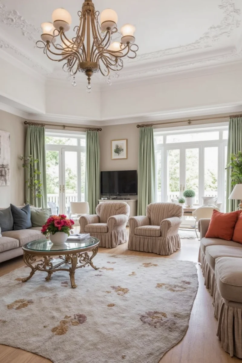 Cream-colored walls with mustard yellow and teal accents in furniture and accessories
