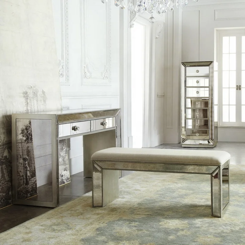 
hand made bead design bevel-edged mirrored high end bed end stool 