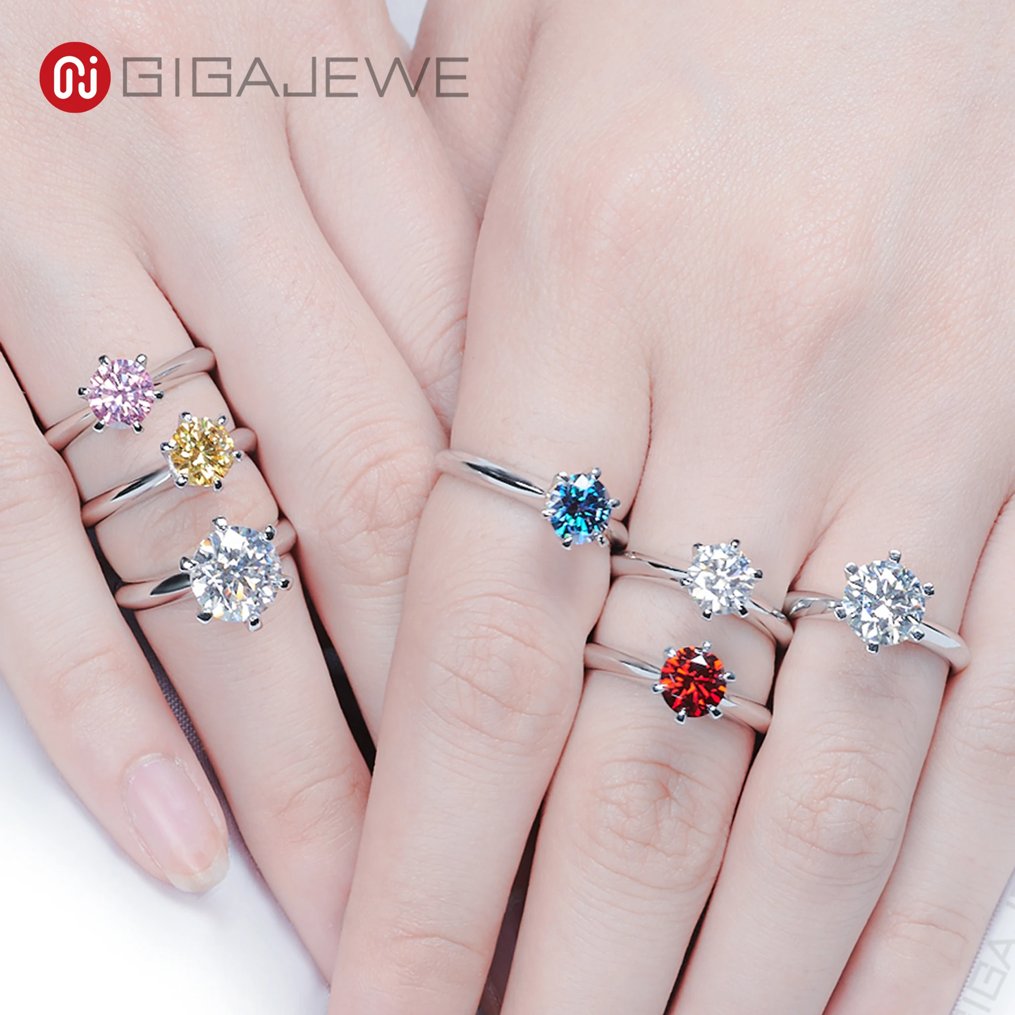 

GIGAJEWE 0.5/1.0/2.0ct EF and nova color VVS1 Round Cut Moissanite 925 Silver Ring six claw setting classic design
