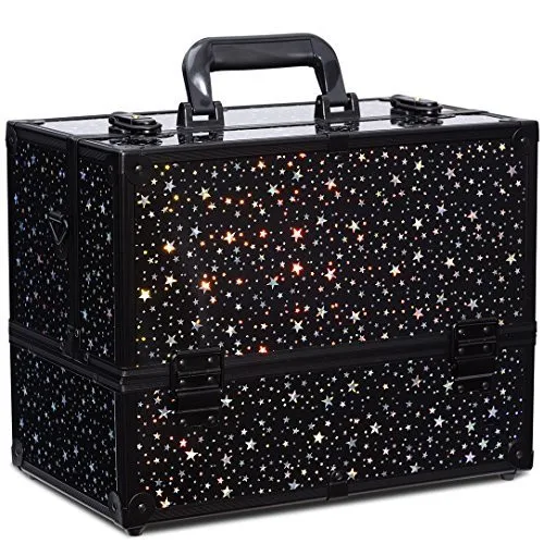 

Amazon hot sale black shiny star PVC aluminum professional makeup brush case with compartments, Customized