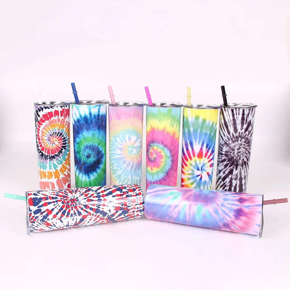 

New tie dye 20oz Skinny Tumblers Slim Cup Stainless Steel Double Wall Vacuum insulation travel tumbler with lid and Straw, Customized colors acceptable