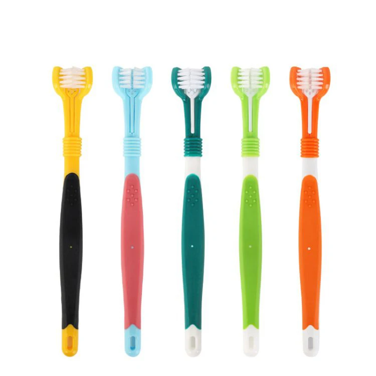 

Amazon Hot Sale Triple Head Pet Dog Teeth Cleaning Three Sided Pet Toothbrush, Green/orange/red+blue/yellow+black