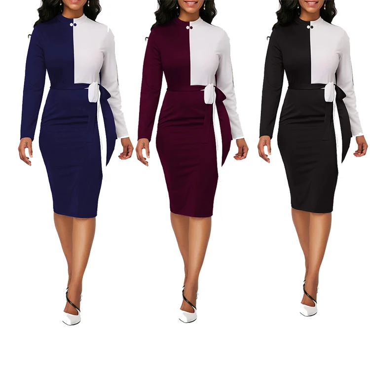 2019 Fashion Explosive Sexy Midi Dress Colorblock Tight-Fitting Long-Sleeved Women Bodycon  Dress