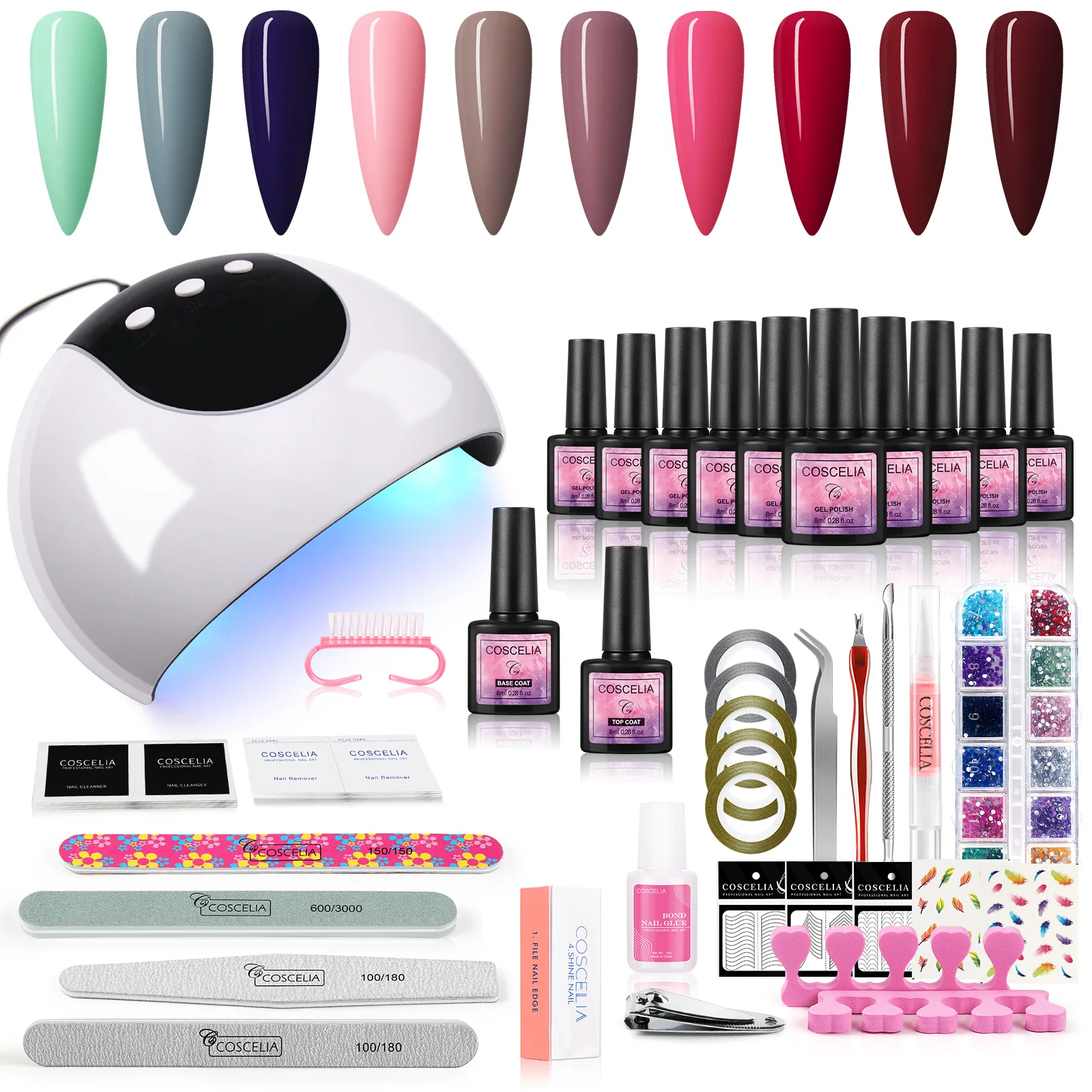 

COSCELIA Semi Permanent Nail Gel Polish Kit Nail Art Lacquers Beauty Salon with 24W Nail Led Lamp UV Gel Private Label, 10 colors