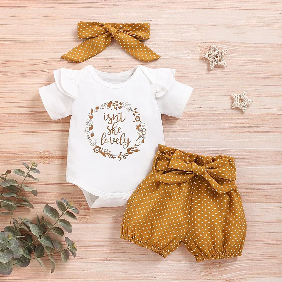 

3-piece Letter Print Bodysuit and Dotted Shorts Set clothes for barbies wholesale baby clothes