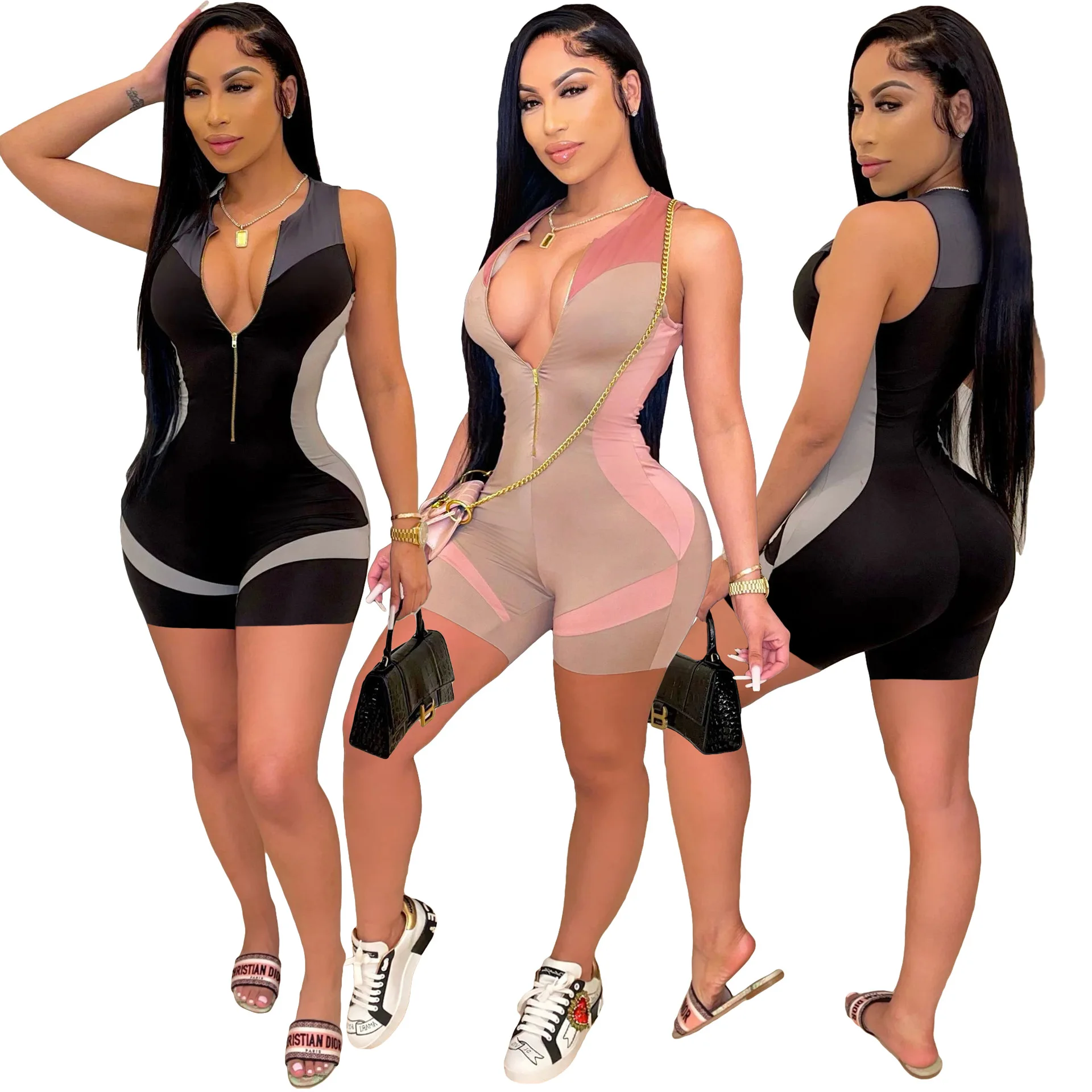 

Fashion slimming front zipper short yoga sport jumpsuit printed sleeveless female one piece jumpsuit, 4 color