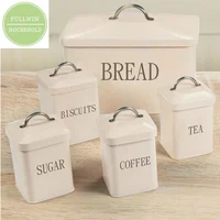 

Galvanized metal tin Set of 5 canister bread biscutis coffee tea sugar food storage box bin container jar crock with lid