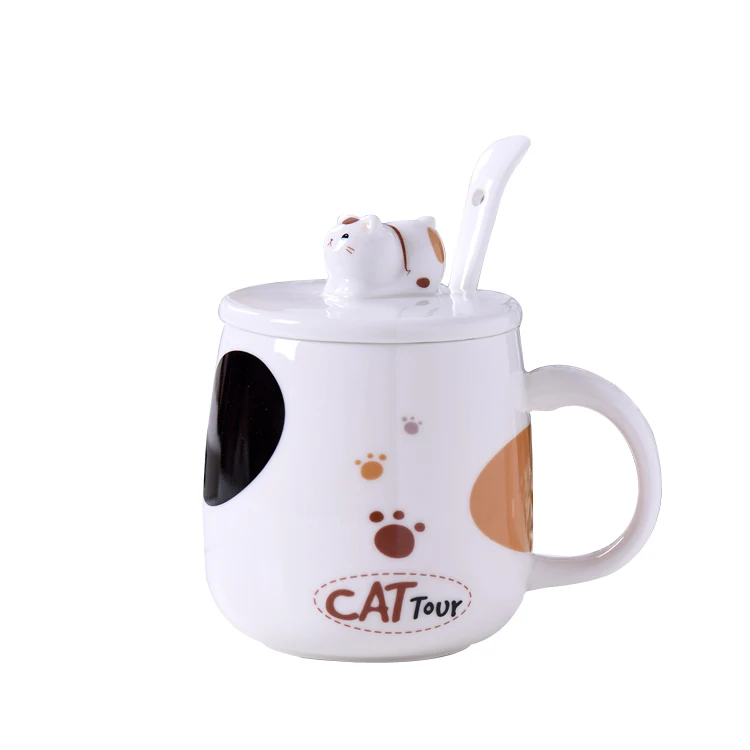 

Japanese cute cartoon cat ceramic mug household spoon with cover office couple drinking water coffee cup