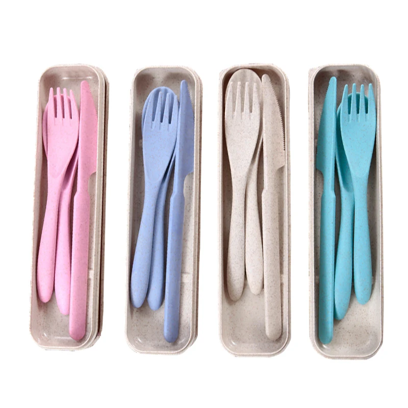 

Hot Sell Travel Camping Picnic Wheat Straw Cutlery Set for Student School Plastic Fork And Spoon, Pink/blue/green/wheat color