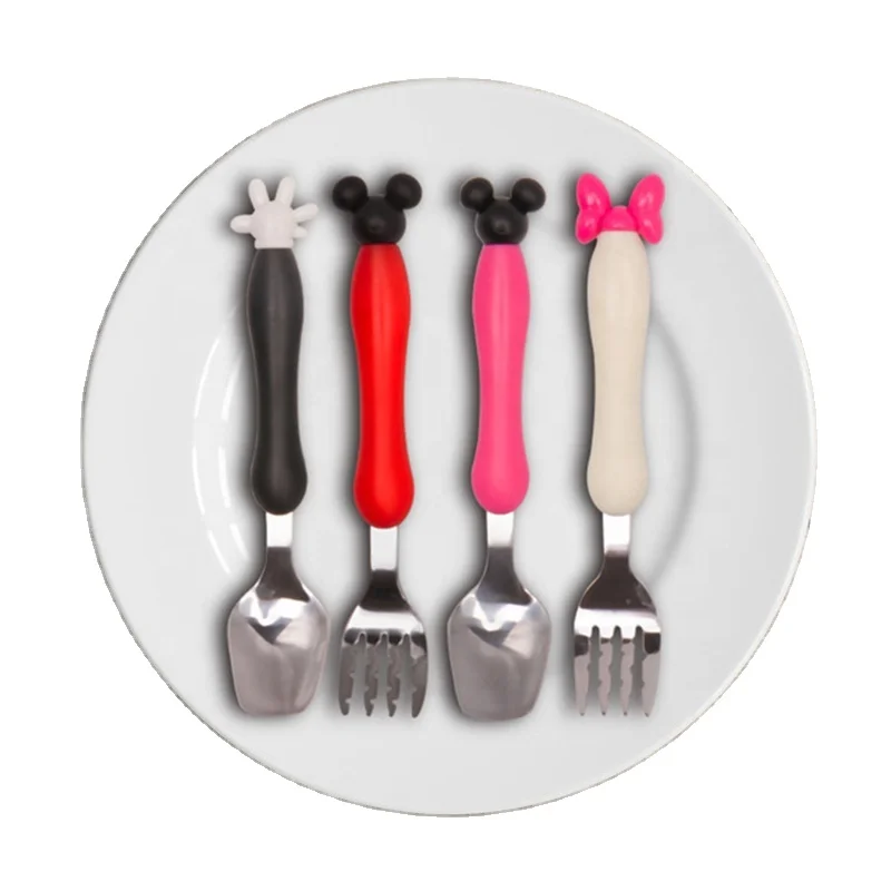 

304 stainless steel baby cartoon Mickey or Minnie children spoon and fork set PP handle baby spoon, Black red mickey,beige minnie