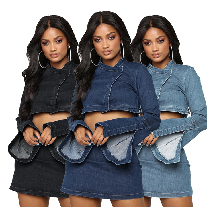 

Sexy New Arrival Nightclub Outfits Jeans Flared Long Sleeve Mini Crop Top Skirt Tracksuits Two Piece Set Fall Clothing For Women, Picture color