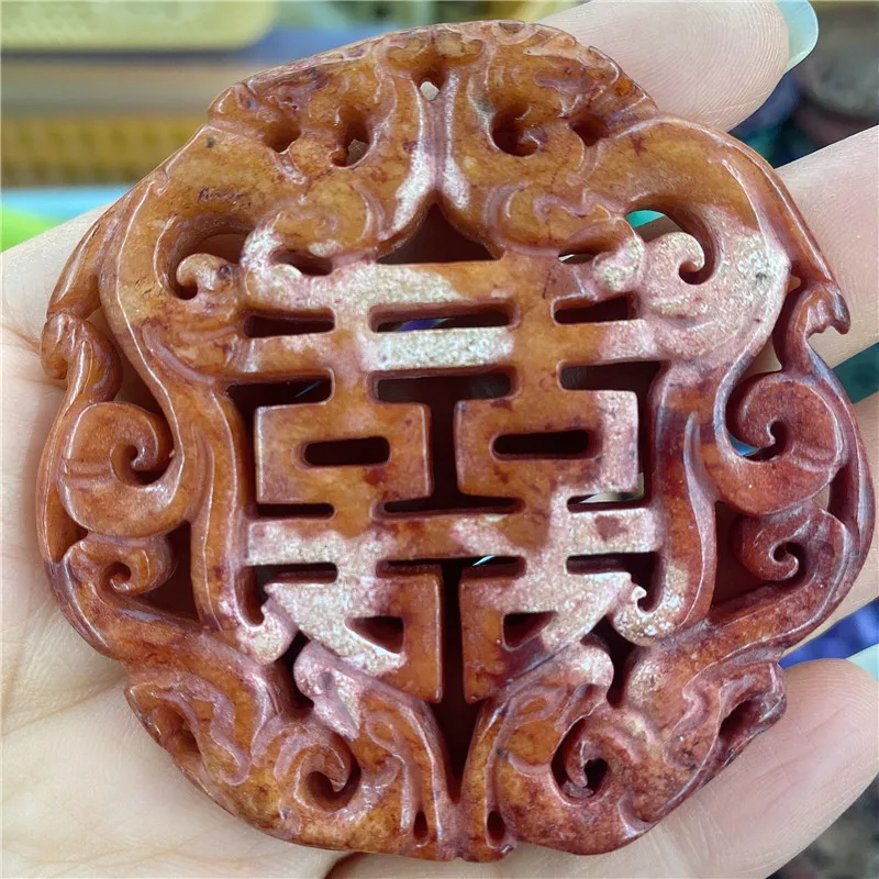 

Hand carved stone double happiness dragon shape Jade pendant for necklace making, White and pink,blue color