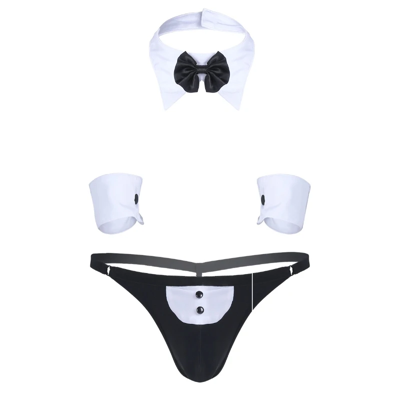 

iEFiEL Novelty Sexy Men Waiter Uniform Lingerie Suit G-string Thong Underwear Open Back Tuxedo with Bow Tie Collar and Bracelets