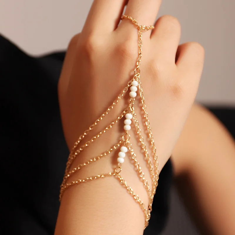 

2021 Weihao Hot Sale Personalized Trendy Gold Chain Bracelet Multilayer Finger Bead Bracelet, As picture show