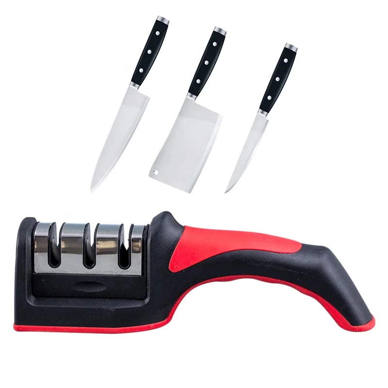 

3 Stage Knife Sharpening Tool Manual Knife Sharpener Kit Premium Knife Sharpener with Non slip handle, Red