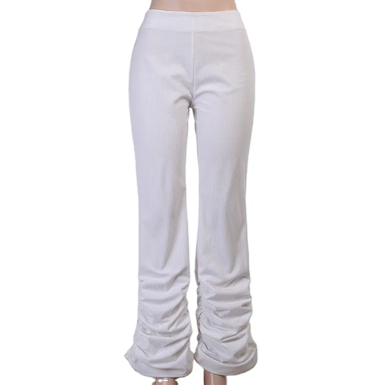 

Hot Sale White Loose Fit Ottoman Cord Ruched Leg Elastic Waist Stacked Pants for Women, As shown