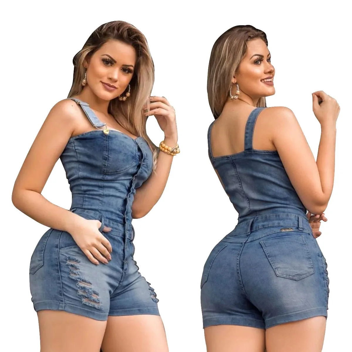 

2021 Summer Clothes Rompers Button Hollow Out Pocket Overall Causal Short Jeans Jumpsuit For Women