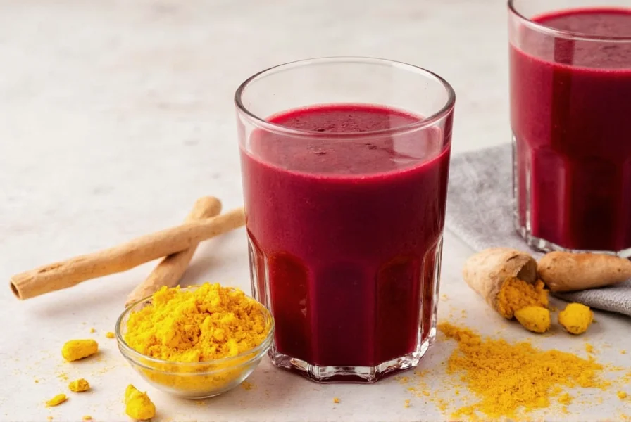 Freshly made beet ginger turmeric juice in glass with whole beets, ginger root, and turmeric arranged around it