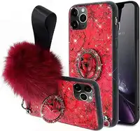 

Fur Ball Soft Rubber Bumper Bling Diamond Glitter Cell Phone Case with Stand Holder/Wrist Strap For iphone 11