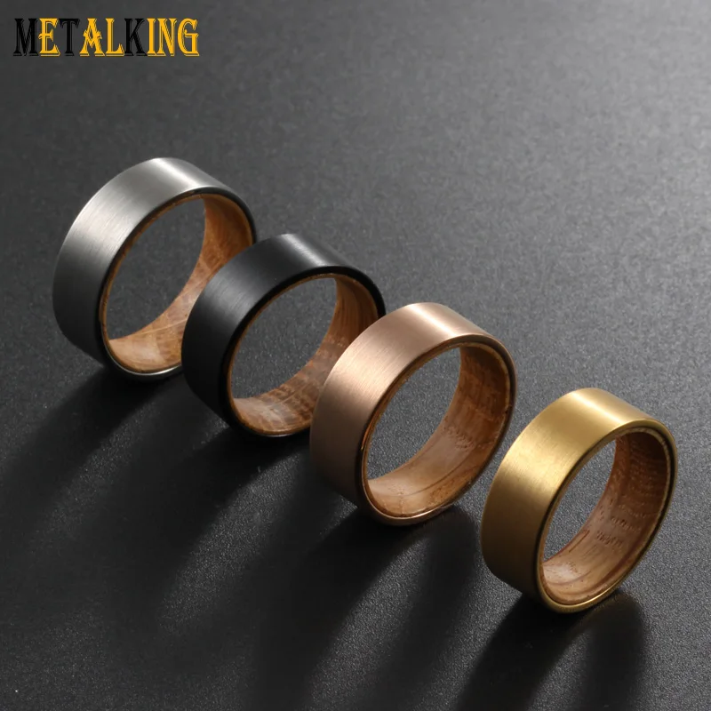 

8mm Tungsten Carbide Band Whisky Barrel Wood Inlay Wedding Ring For Men Women Flat Edge, Four Colors For Choice.