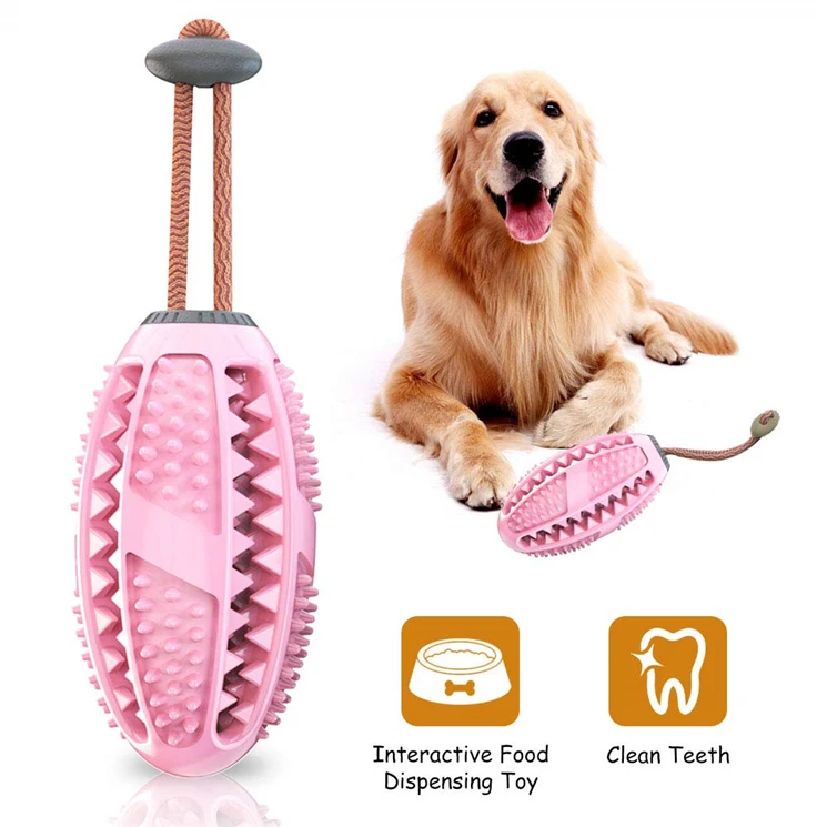 

Rugby Pet Feeder Teething Toys IQ Training Ball Food Leaking 360 Clean Teeth Football Chewing Molar Stick Cat Dog Toy with Rope