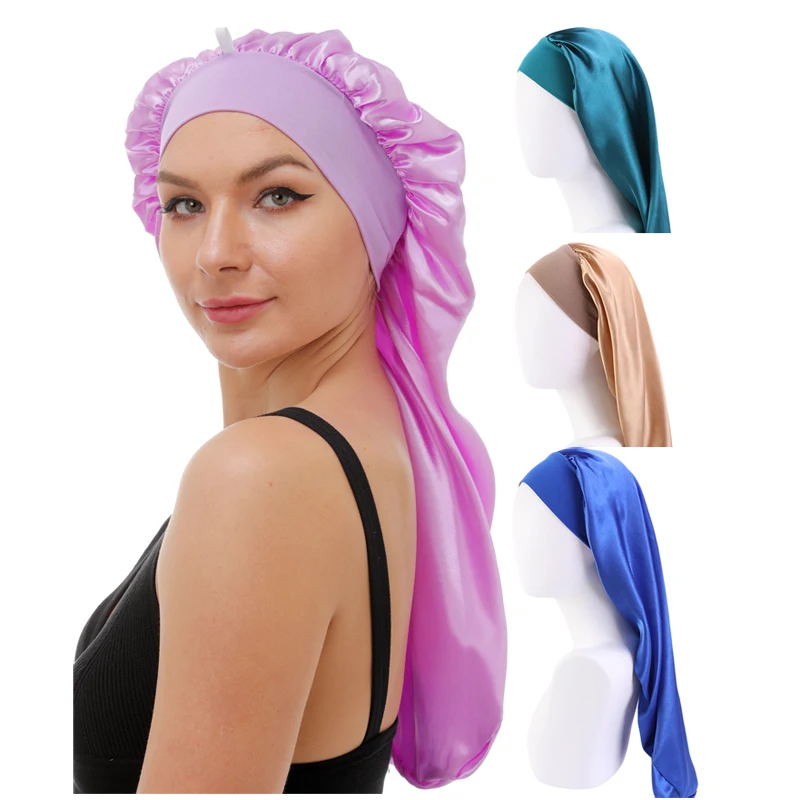 

Wide Band Long Braiding Bonnet Long Hair Braid Bonnets Custom Satin Long Braid Bonnet With Snap Women