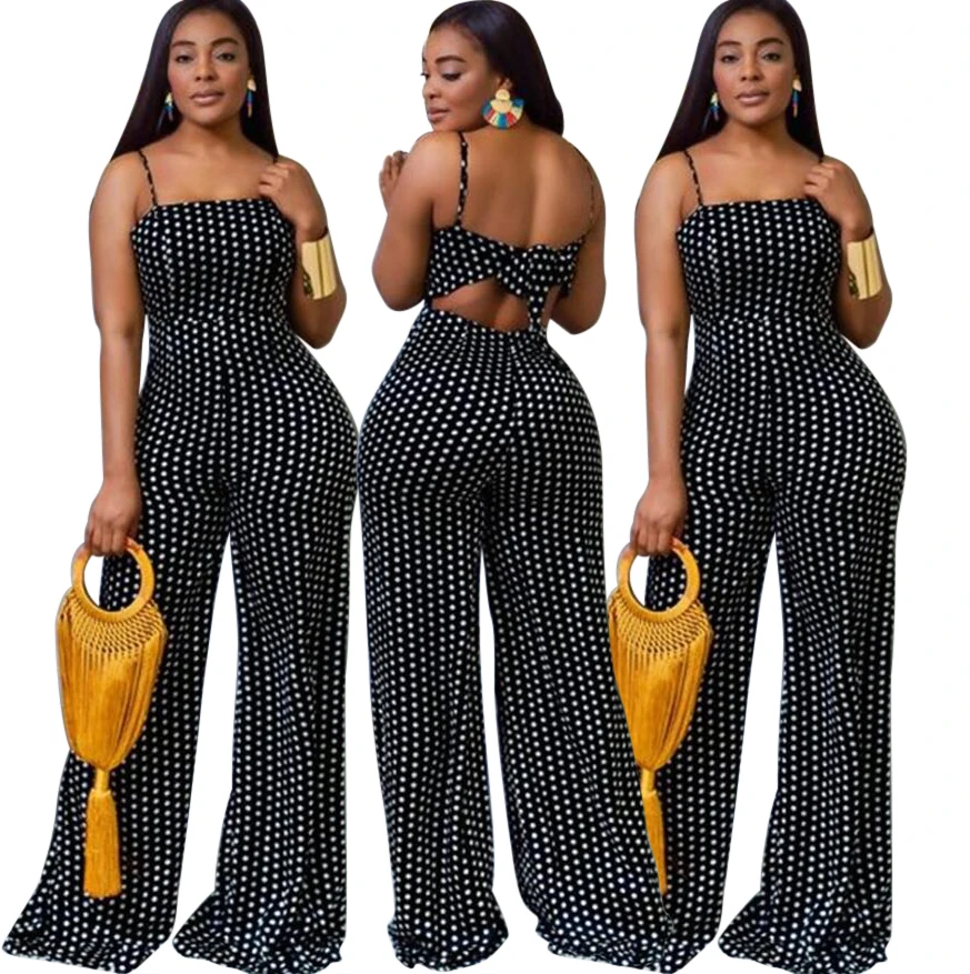 

Trendy Summer Outfits Women Elegant Casual Hollow Out Long Pants Polyester Female One Piece Polka Dot Wide Leg Jumpsuit, As show