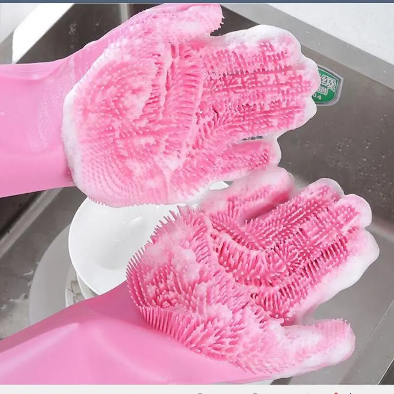 

Amazon hot sale 2PCS Magic Dishwashing Silicone Gloves Protect Hand Dirt Clean Brushes