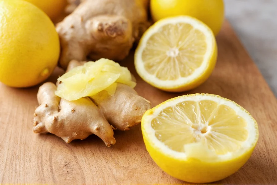 Close-up of fresh ginger root and sliced lemons on wooden cutting board