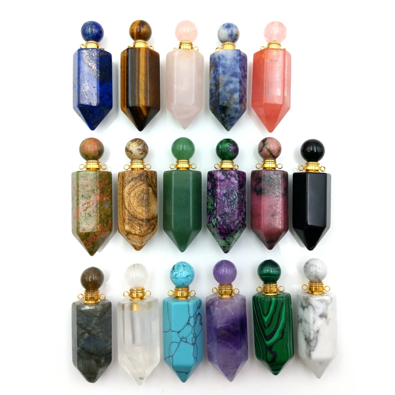 

Natural wholesale Gemstone Hexagon prism Bottle pendant Necklace 26" chain Chakra Crystal Quartz Perfume Bottle Pendant, Multi