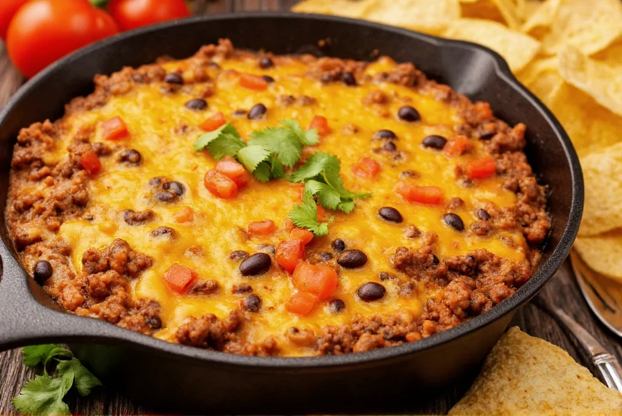 Homemade chili nacho cheese in cast iron skillet with melted cheese, ground beef, beans, and diced tomatoes, served with tortilla chips
