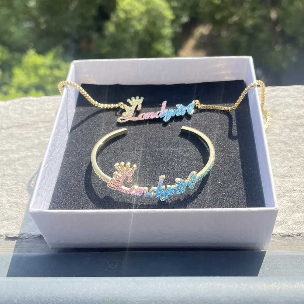 QIUHAN ODM Personalized Nameplate Necklace Bangle Stainless Steel Colorful Custom Name Jewelry Set