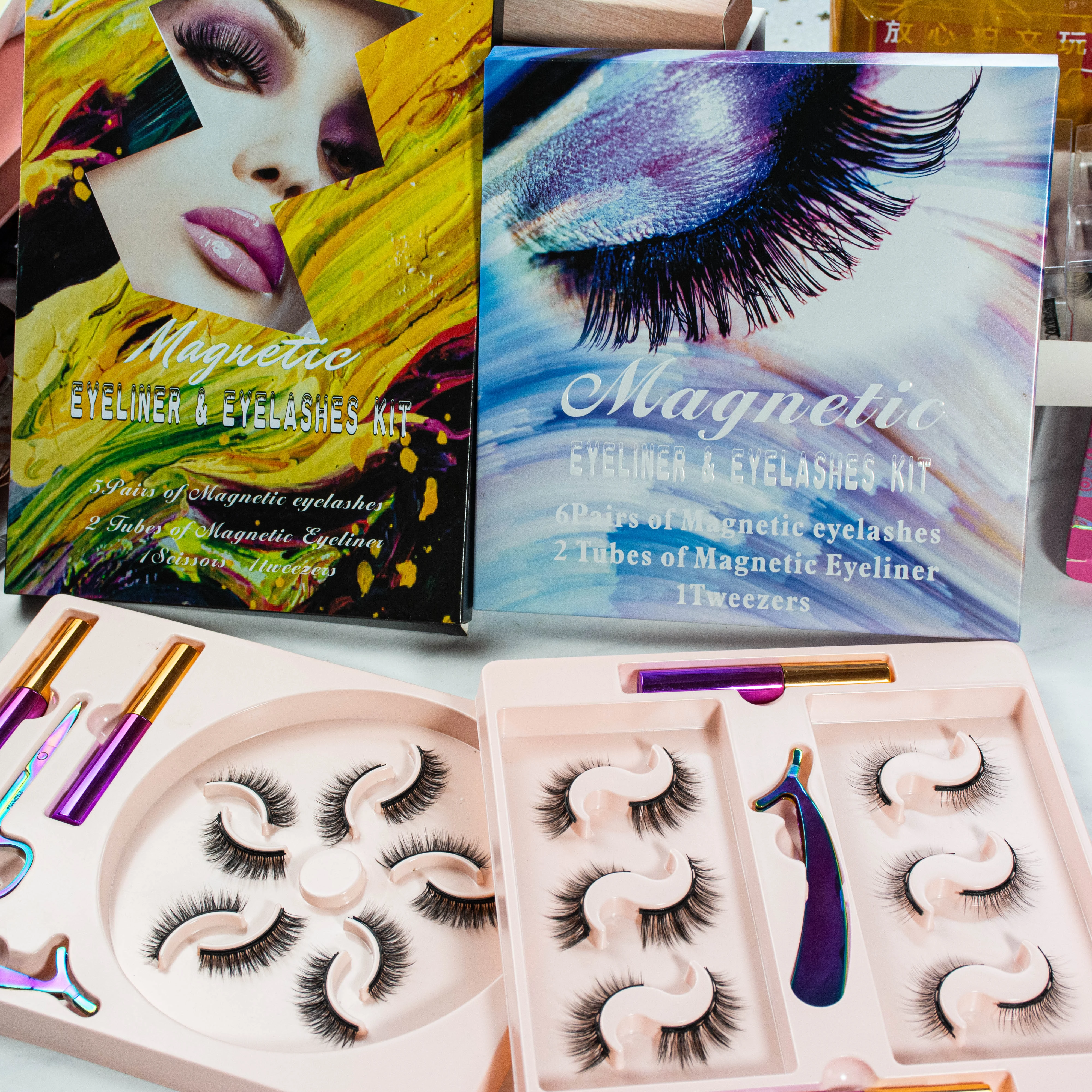 

High-quality False Eyelash With Pink Cute Custom Luxury 6 pairs magnetic eyelash with magnetic eyeliner and tweezer, Black color