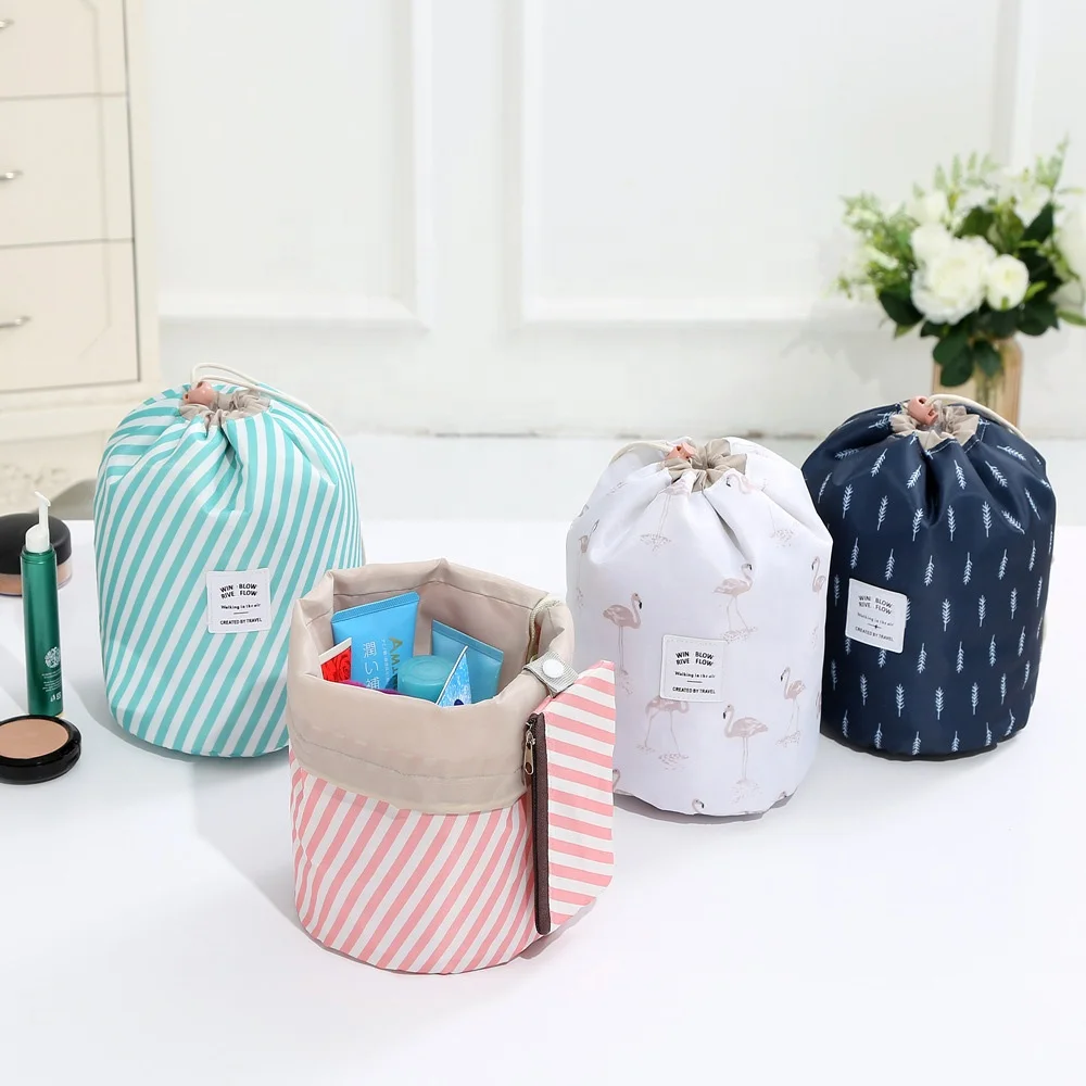 

Travel Cosmetic Bags Barrel Makeup Multifunctional Toiletry Bucket Bag Round Organizer Storage Pocket Foldable