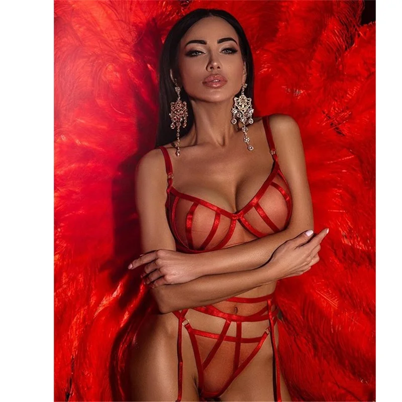 

Women Sexy Red Lingerie 3 PCS Set Transparent Mesh Underwear Hot Sheer Underwear