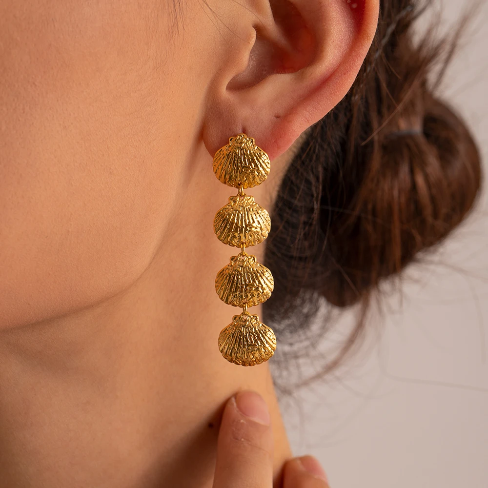 

J&D Jewelry 18K Gold Plated Stainless Steel Ocean Earring Gift Waterproof Texture 4 Sea Shell Drop Earrings