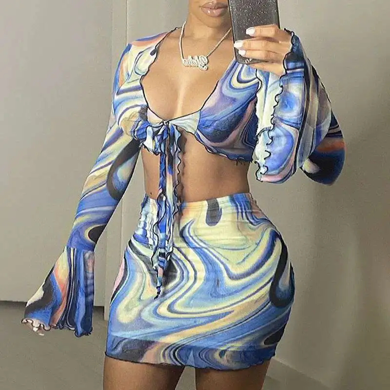 

2021 New arrival women Floral Flared sleeves top and skirt two piece set women clothing 2021 summer