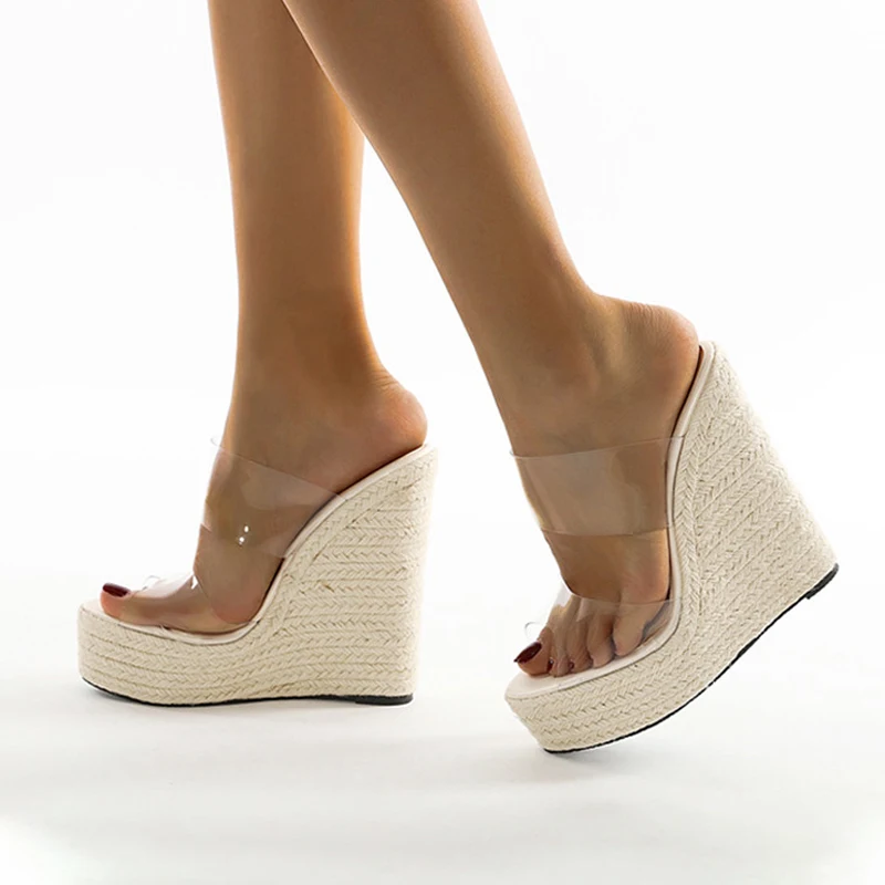 

New PVC Transparent Peep Toe Cane Straw Weave Platform women wedge sandals 2022 Slippers Sandals Women Fashion High Heels Shoes