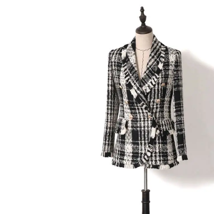 

Fashion British check Blazer plaid wool black and white tweed long warm winter formal office coats jacket black blazer for women