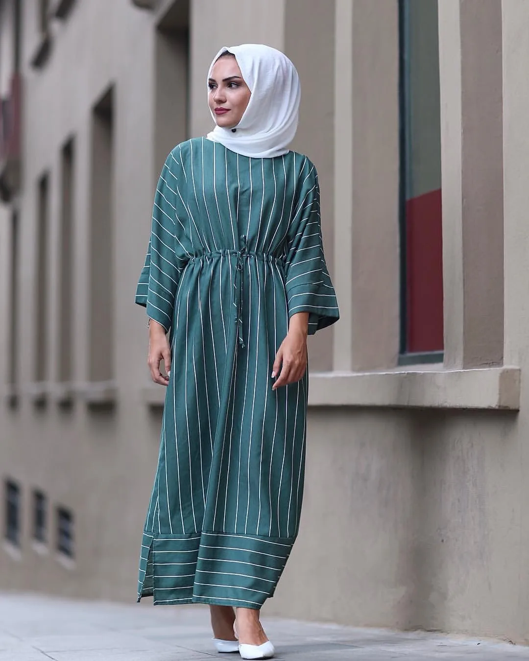 

Striped long horn sleeve dubai islamic clothing plus size dress