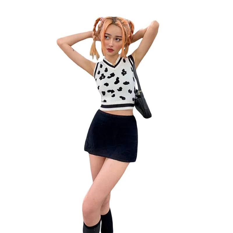 

Night Club Party Street Elastic Black And White Striped Sports Vest Women Contrasting V-neck Stitching Knit Slim H-shape Vest