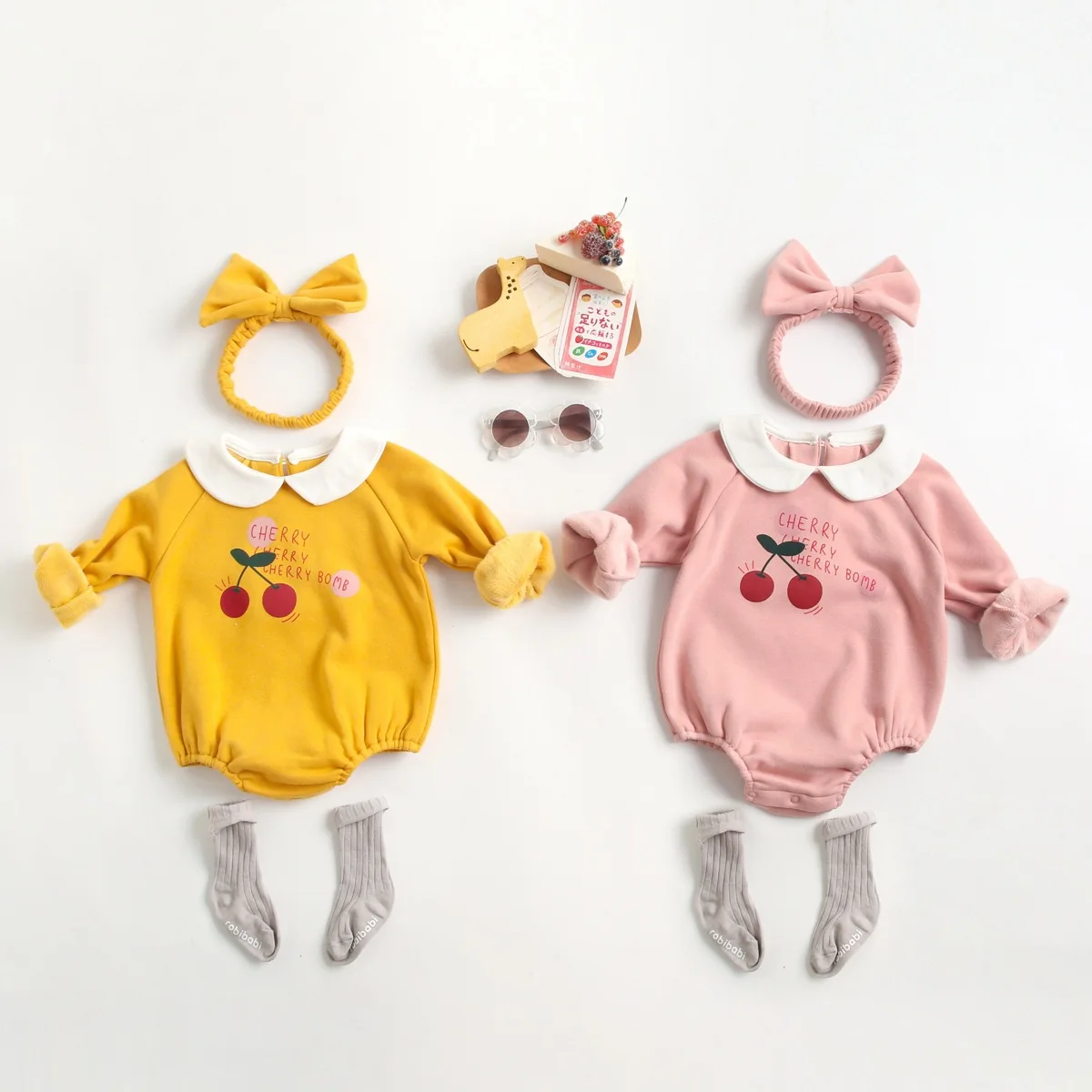 

Autumn Winter Infant Cherry Print Long Sleeve Warm Romper Pure Color Headband