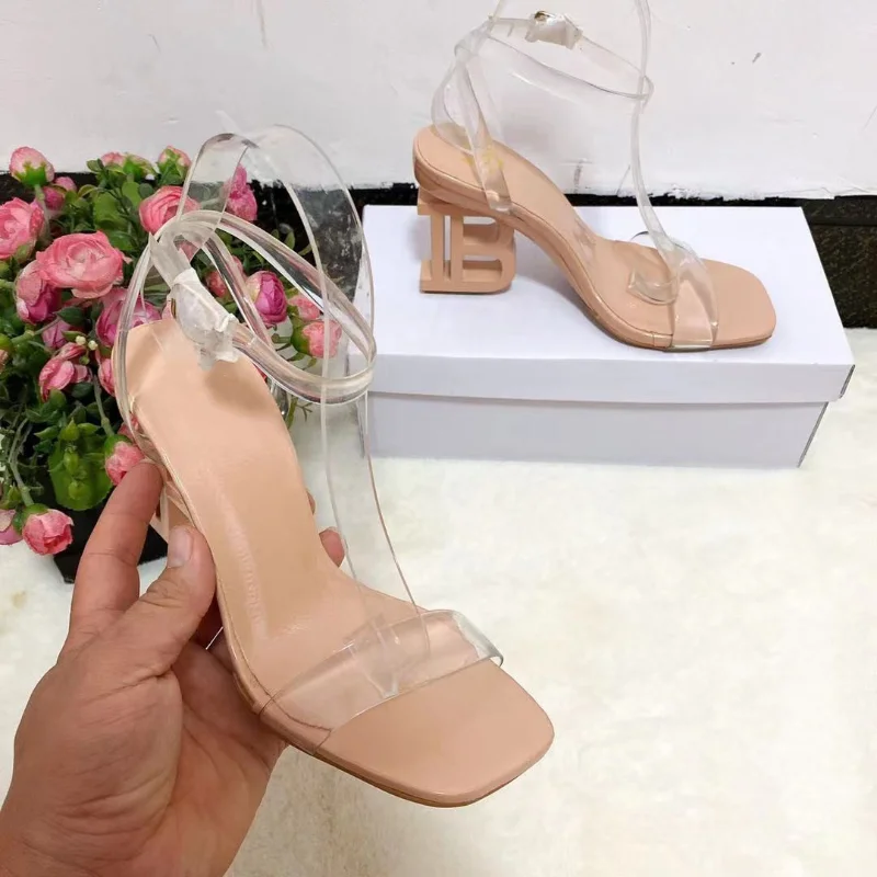 

Unique design letter B high heel clear strap women shoes square toe slip on slingback lady sandals for summer fashion
