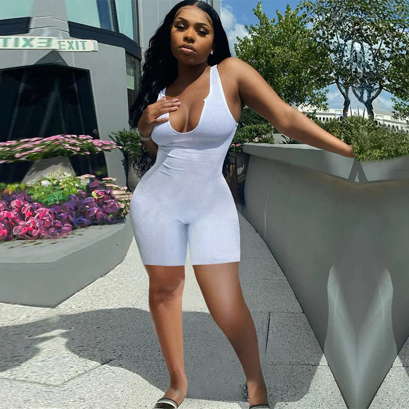 

New arrivals rib knit v- neck vest sleeveless woman tops fashionable rompers summer 2021 bodycon women shorts one piece jumpsuit, Accept customized color